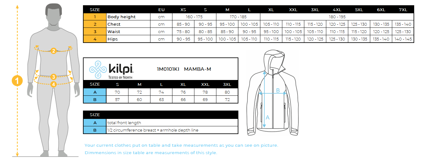 Veste hardshell imperméable homme Kilpi MAMBA-M – Size chart