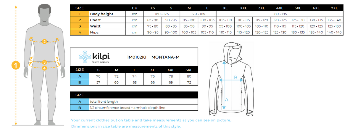 Veste à membrane homme Kilpi MONTANA-M – Size chart