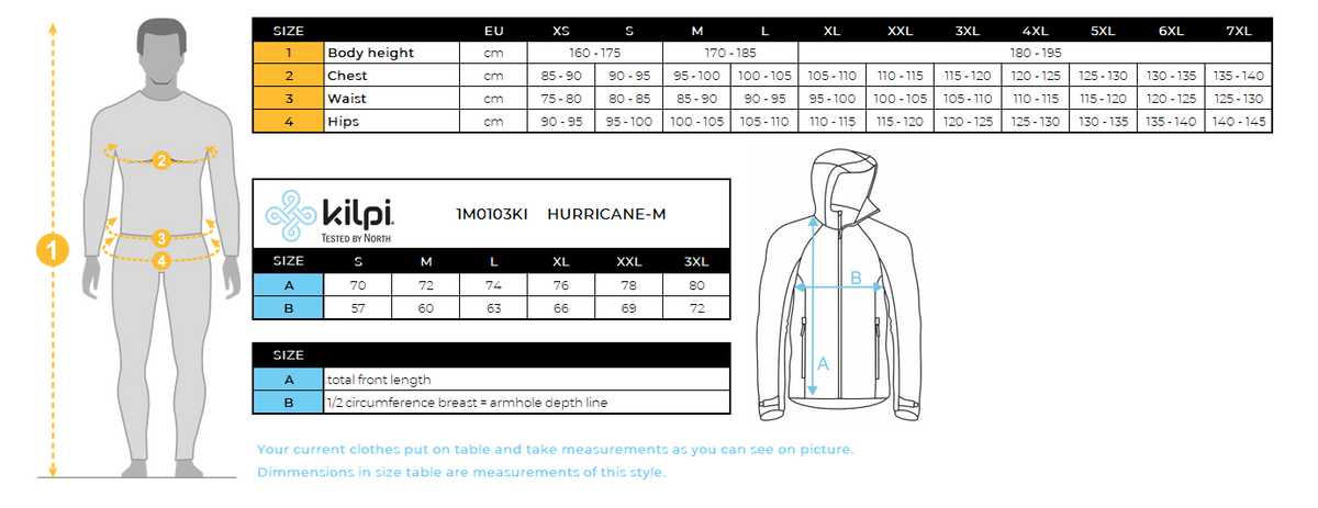 Veste imperméable homme Kilpi HURRICANE-M – Size chart
