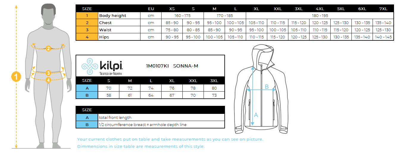 Veste outdoor homme Kilpi SONNA-M – Size chart