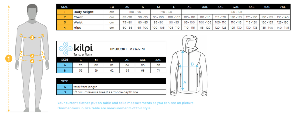 Manteau outdoor homme Kilpi AYRA-M – Size chart