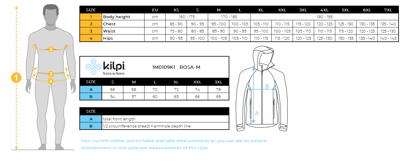 Veste coupe-vent légère homme Kilpi ROSA-M – Size chart