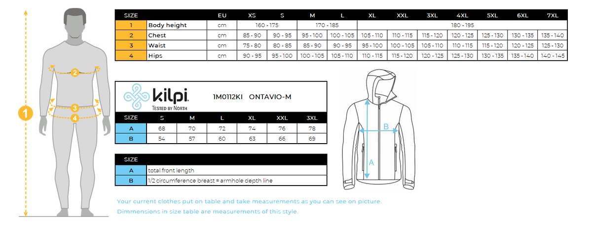 Veste softshell homme Kilpi ONTAVIO-M – Size chart