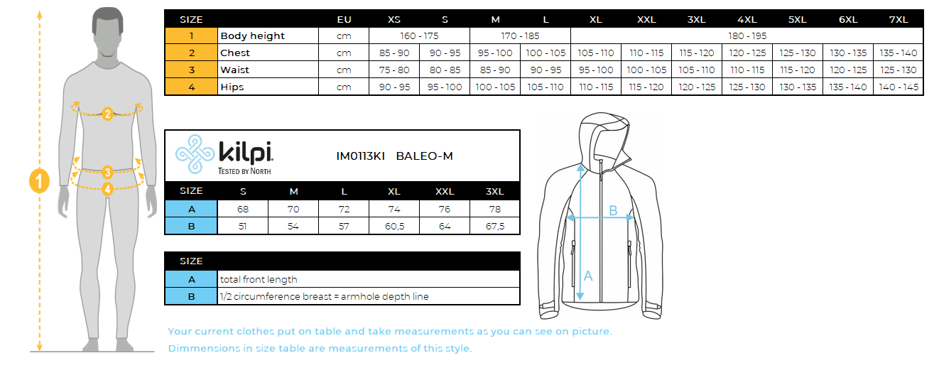 Veste de course softshell homme Kilpi BALEO-M – Size chart