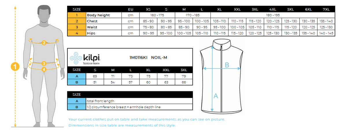 Gilet softshell homme Kilpi NOIL-M – Size chart