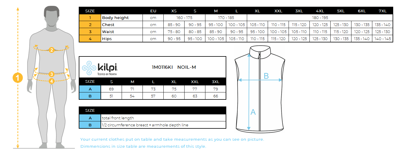Gilet softshell homme Kilpi NOIL-M – Size chart
