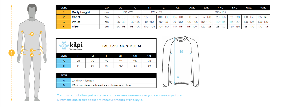 Sweat-shirt de sport pour hommes Kilpi MONTALE-M – Size chart
