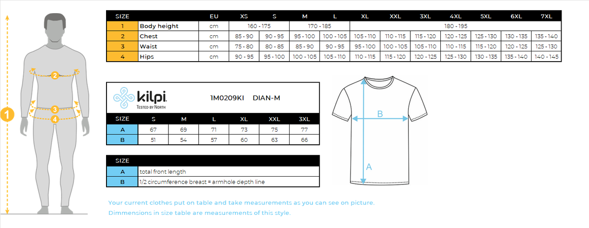 Sweat à capuche homme Kilpi DIAN-M – Size chart