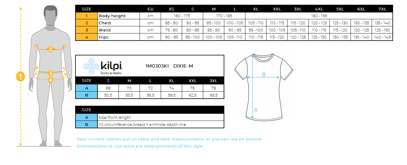 T-shirt fonctionnel homme Kilpi DIXIE-M – Size chart