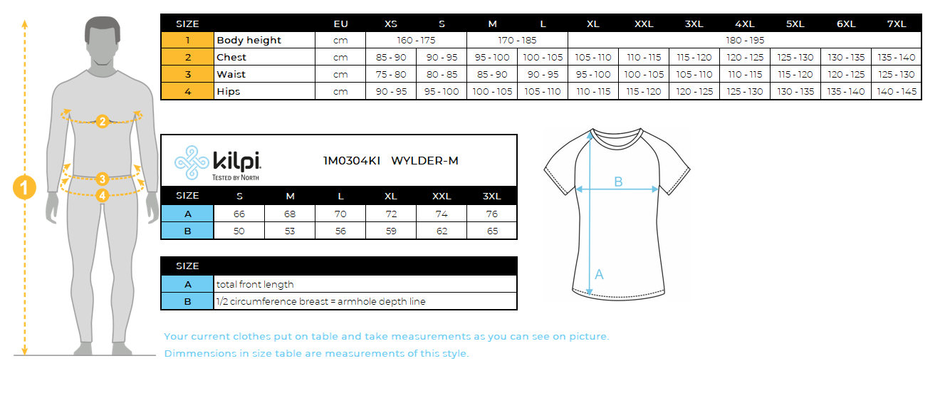 T-shirt fonctionnel pour hommes Kilpi WYLDER-M – Size chart