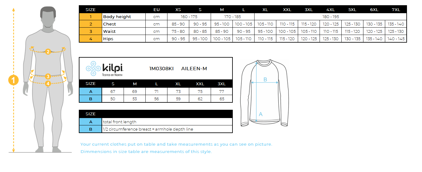 Veste de running homme Kilpi AILEEN-M – Size chart
