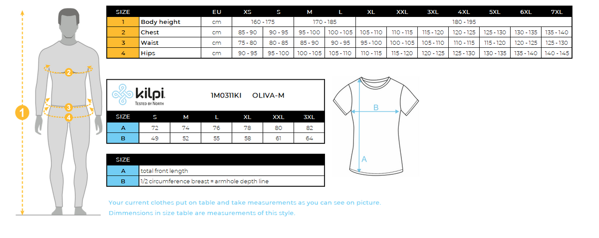 Polo fonctionnel pour hommes Kilpi OLIVA-M – Size chart