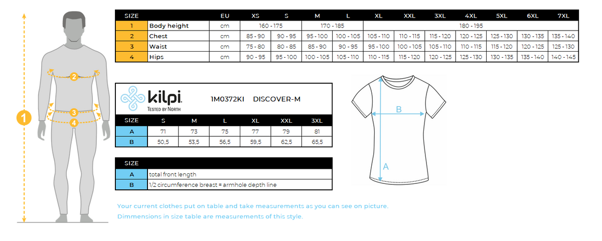 T-shirt en coton pour hommes Kilpi DISCOVER-M – Size chart