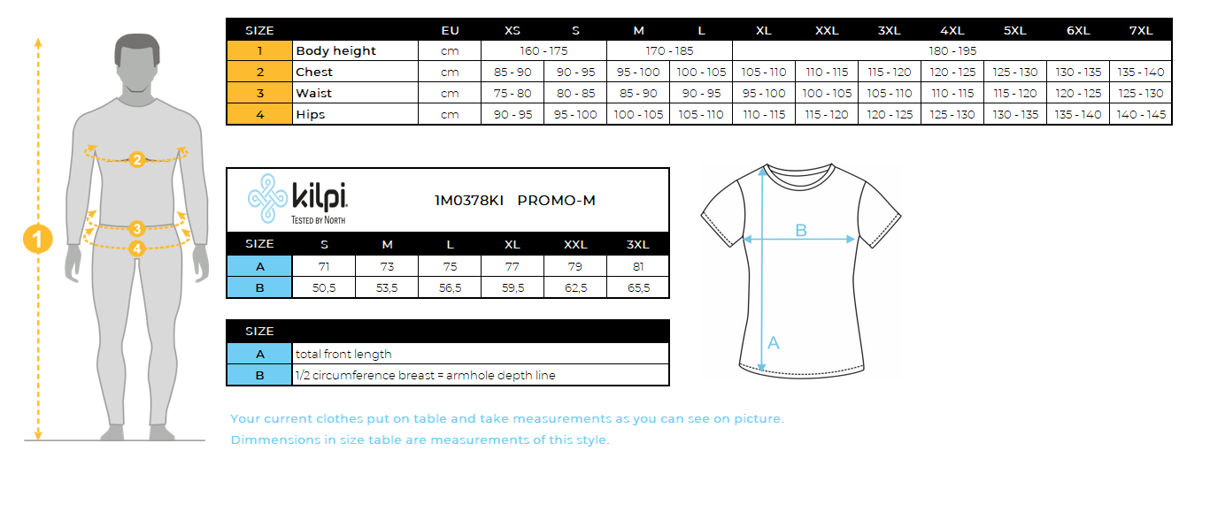 T-shirt en coton pour hommes Kilpi PROMO-M – Size chart