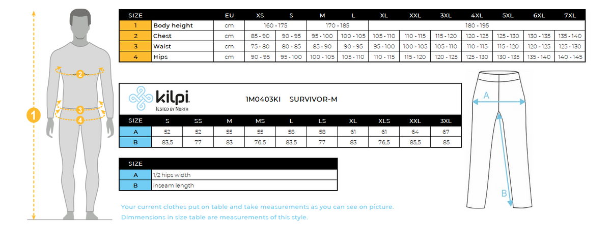 Pantalon outdoor homme Kilpi SURVIVOR-M – Size chart