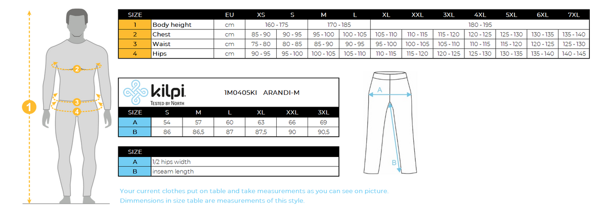 Pantalon outdoor homme Kilpi ARANDI-M – Size chart