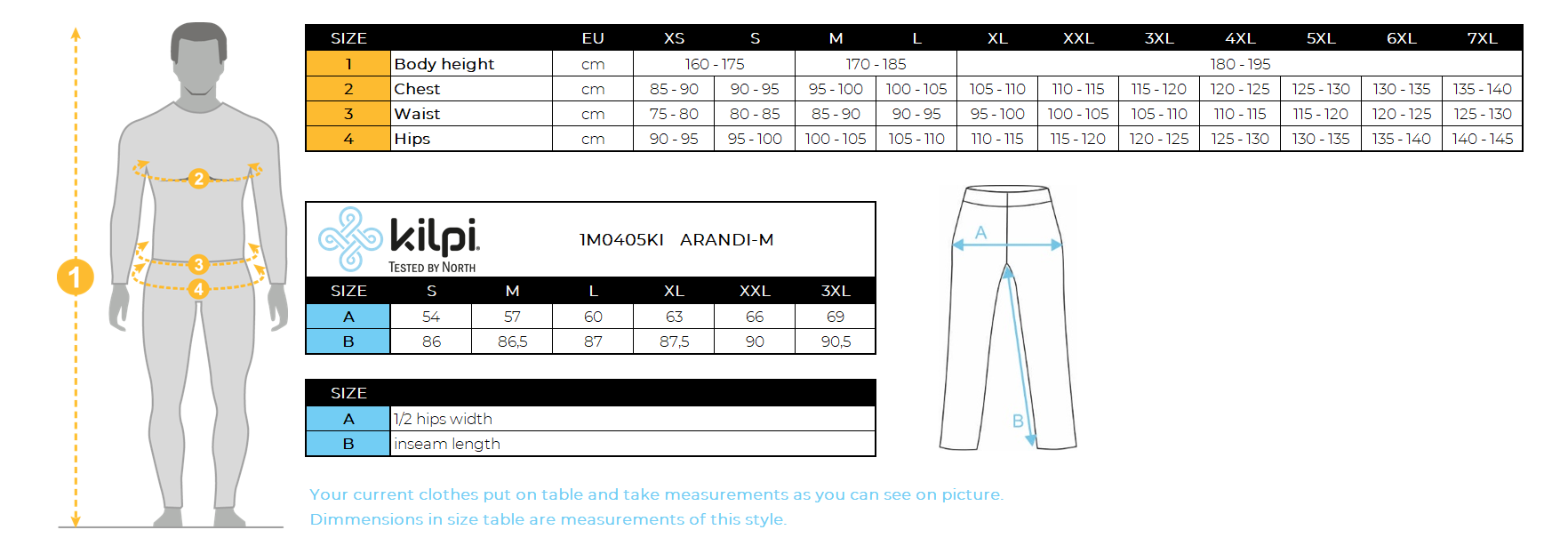 Pantalon outdoor homme Kilpi ARANDI-M – Size chart