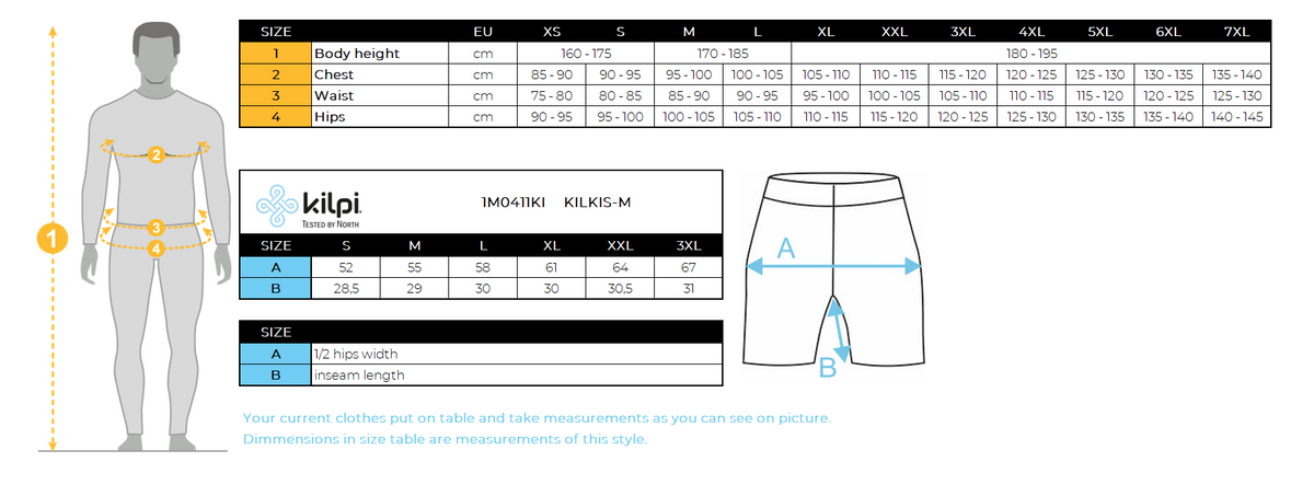 Short à poches pour hommes Kilpi KILKIS-M – Size chart