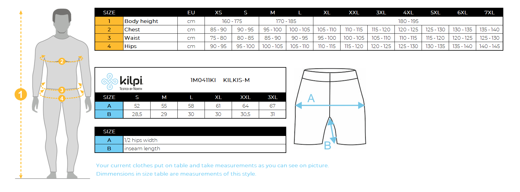 Short à poches pour hommes Kilpi KILKIS-M – Size chart