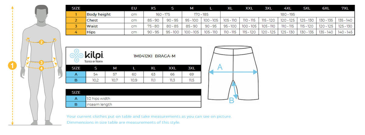Short de running homme pour le confort et la performance Kilpi BRAGA-M – Size chart