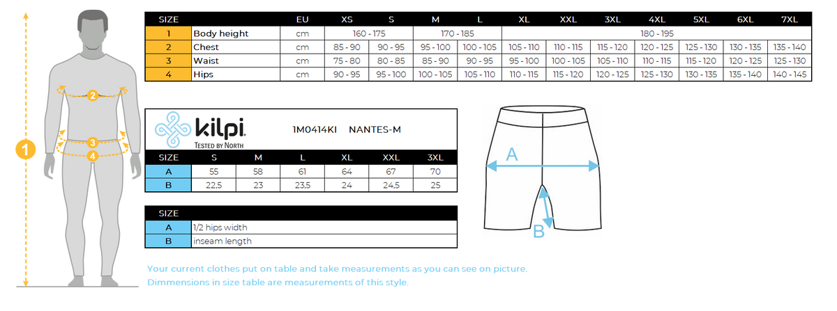 Short fitness homme Kilpi NANTES-M – Size chart