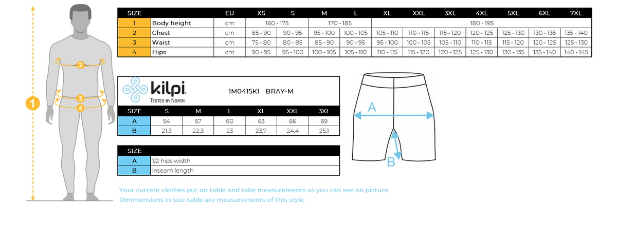 Short fitness homme Kilpi BRAY-M – Size chart