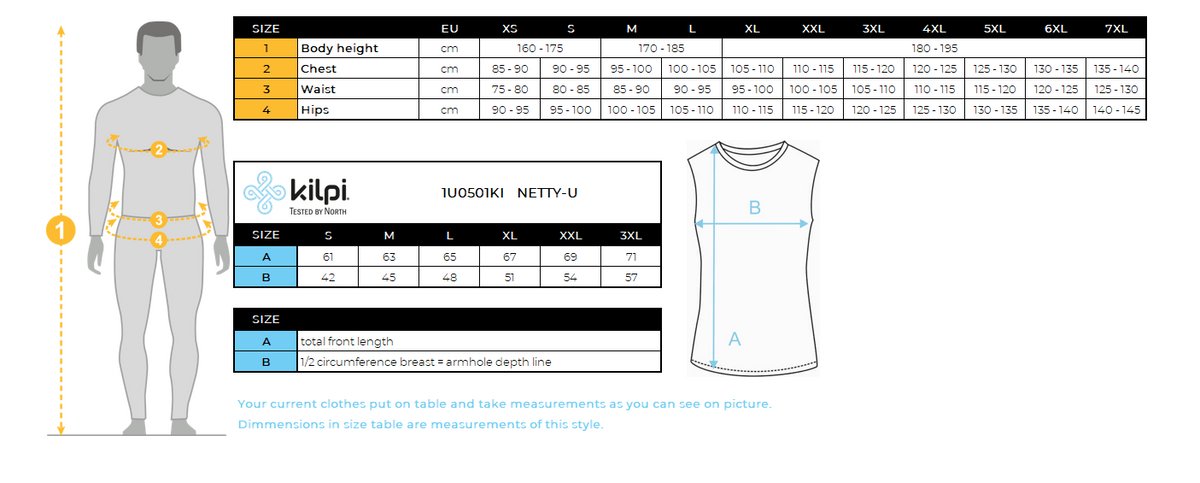 Débardeur fonctionnel Kilpi NETTY-U – Size chart