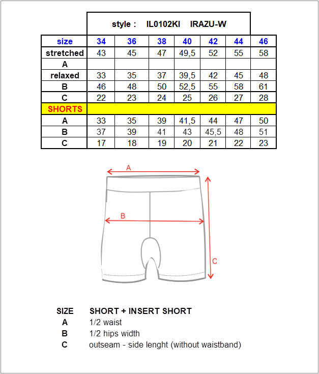 Jupe femme avec short intérieur Kilpi IRAZU-W – Size chart