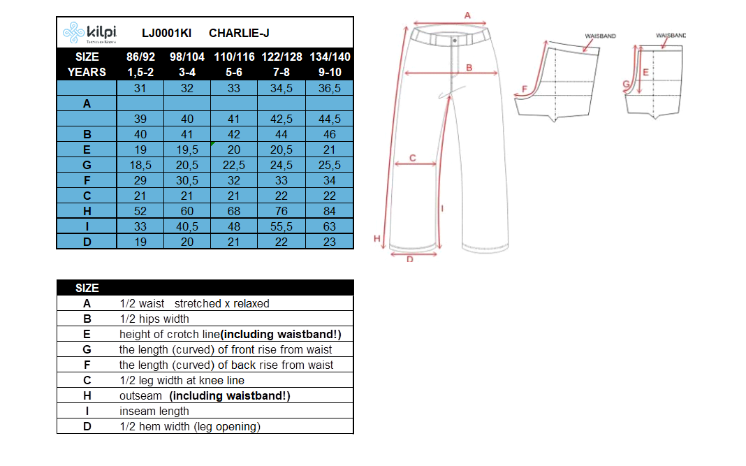 Pantalon de ski enfant Kilpi CHARLIE-J – Size chart