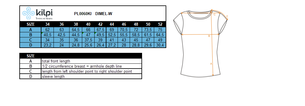 T-shirt de running femme Kilpi DIMEL-W – Size chart
