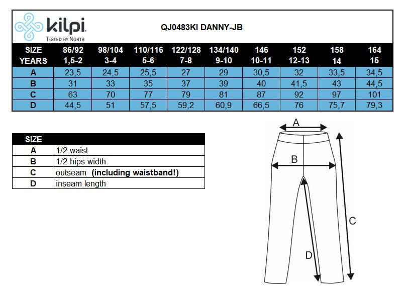 Pantalon coton enfant Kilpi DANNY-J – Size chart
