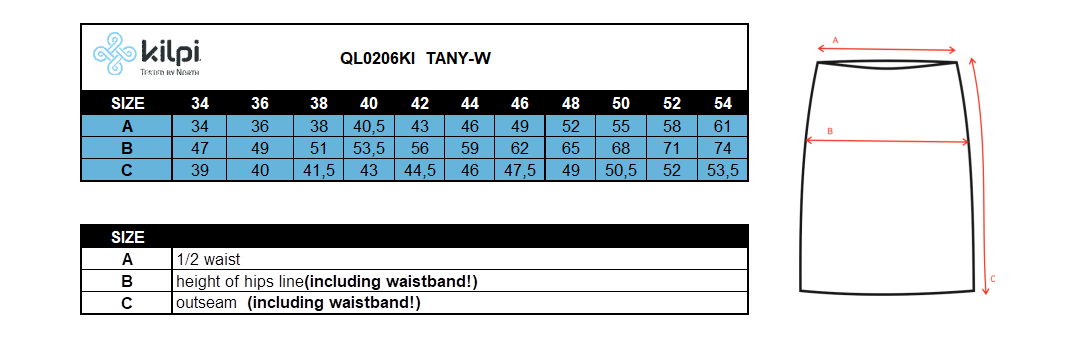 Jupe isolante femme Kilpi TANY-W – Size chart
