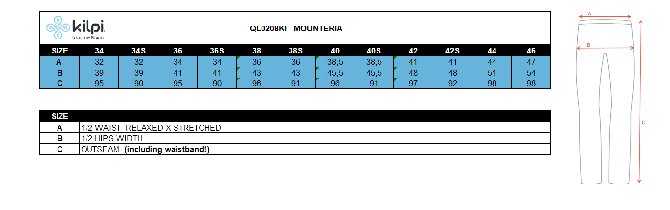 Pantalon outdoor femme Kilpi MOUNTERIA-W – Size chart