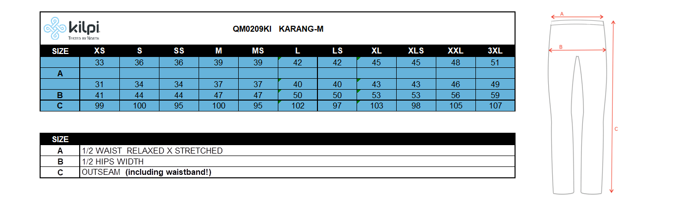 Legging de running homme Kilpi KARANG-M – Size chart