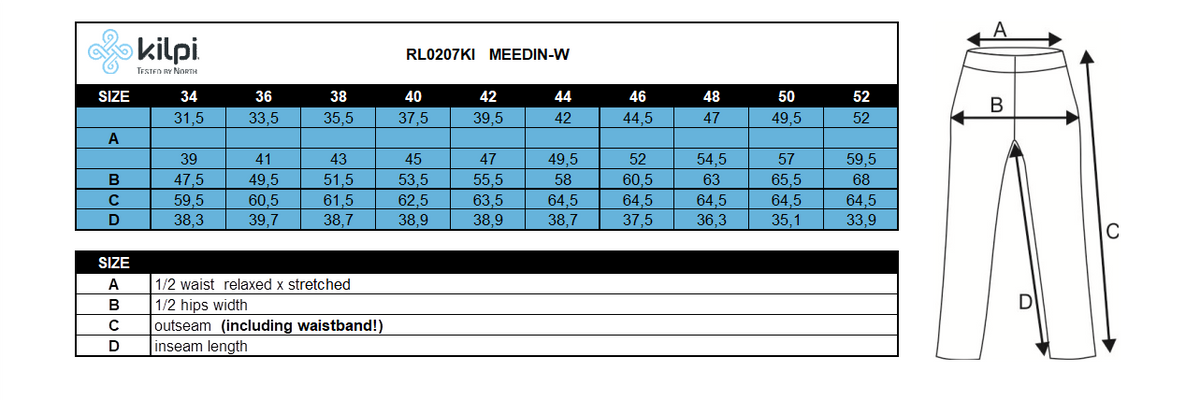 Pantalon 3/4 outdoor femme Kilpi MEEDIN-W – Size chart