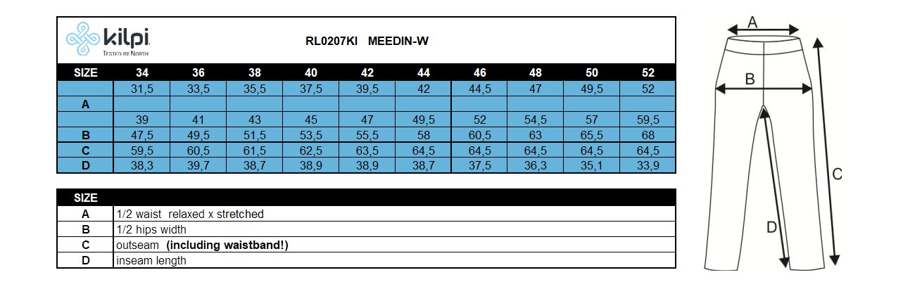 Pantalon 3/4 outdoor femme Kilpi MEEDIN-W – Size chart