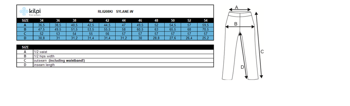 Short femme Kilpi SYLANE-W – Size chart