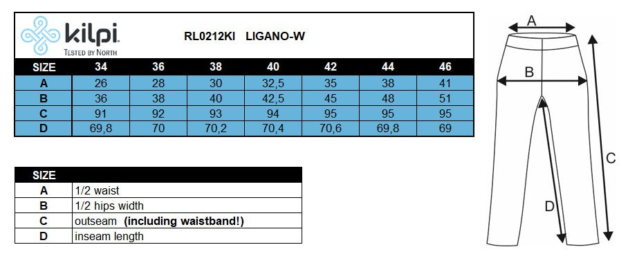 Legging fitness femme Kilpi LIGANO-W – Size chart