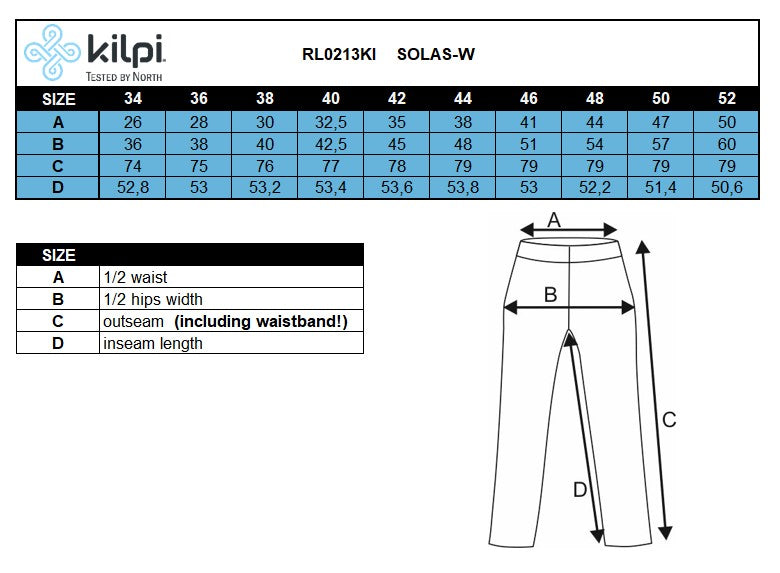 Legging fitness 3/4 femme Kilpi SOLAS-W – Size chart