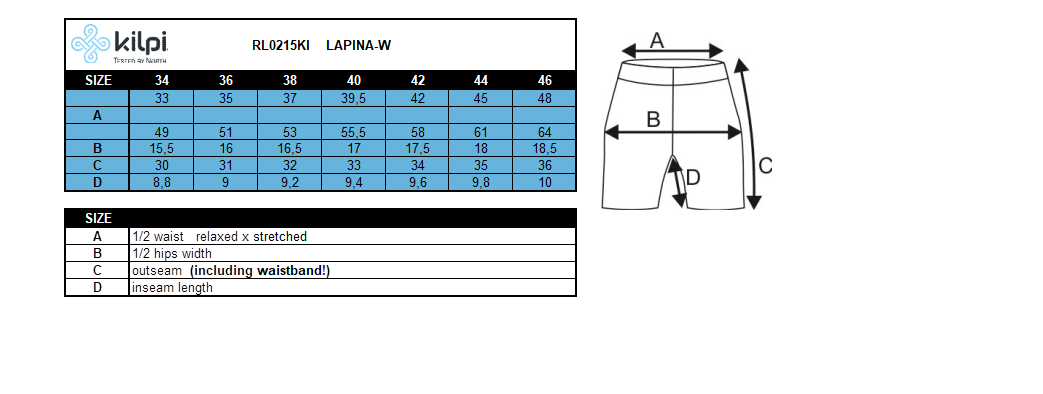 Short de running femme Kilpi LAPINA-W – Size chart