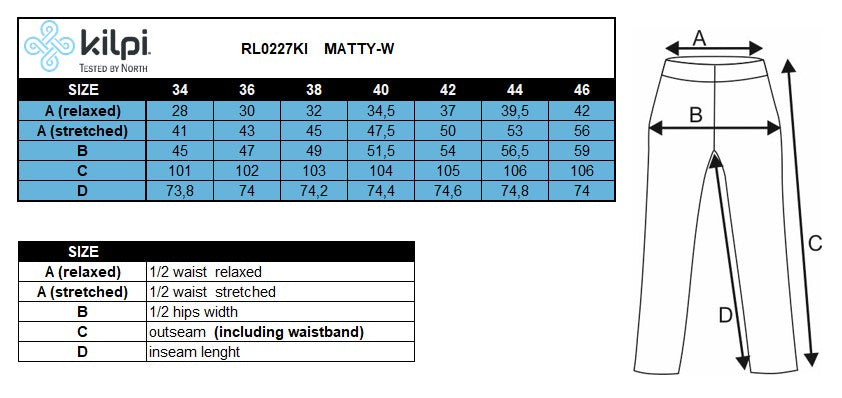 Pantalon femme Kilpi MATTY-W – Size chart