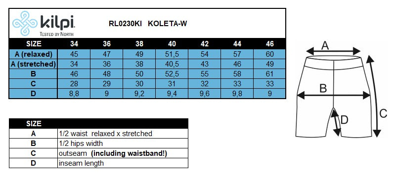 Short femme Kilpi KOLETA-W – Size chart