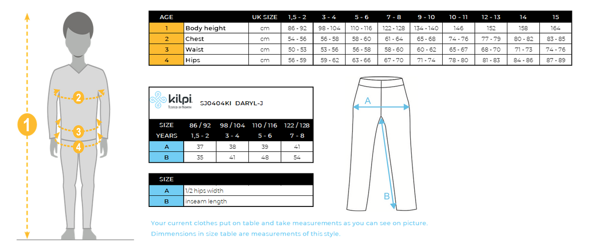 Pantalon de ski enfant Kilpi DARYL-J – Size chart
