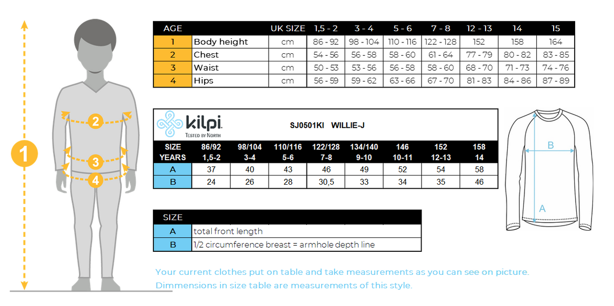 T-shirt fonctionnel à manches longues pour enfant Kilpi WILLIE-J – Size chart