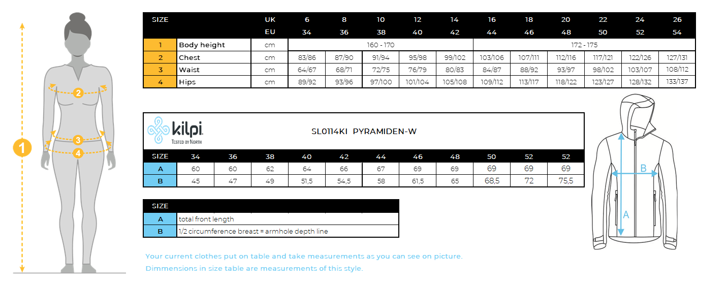 Doudoune femme Kilpi PYRAMIDEN-W – Size chart