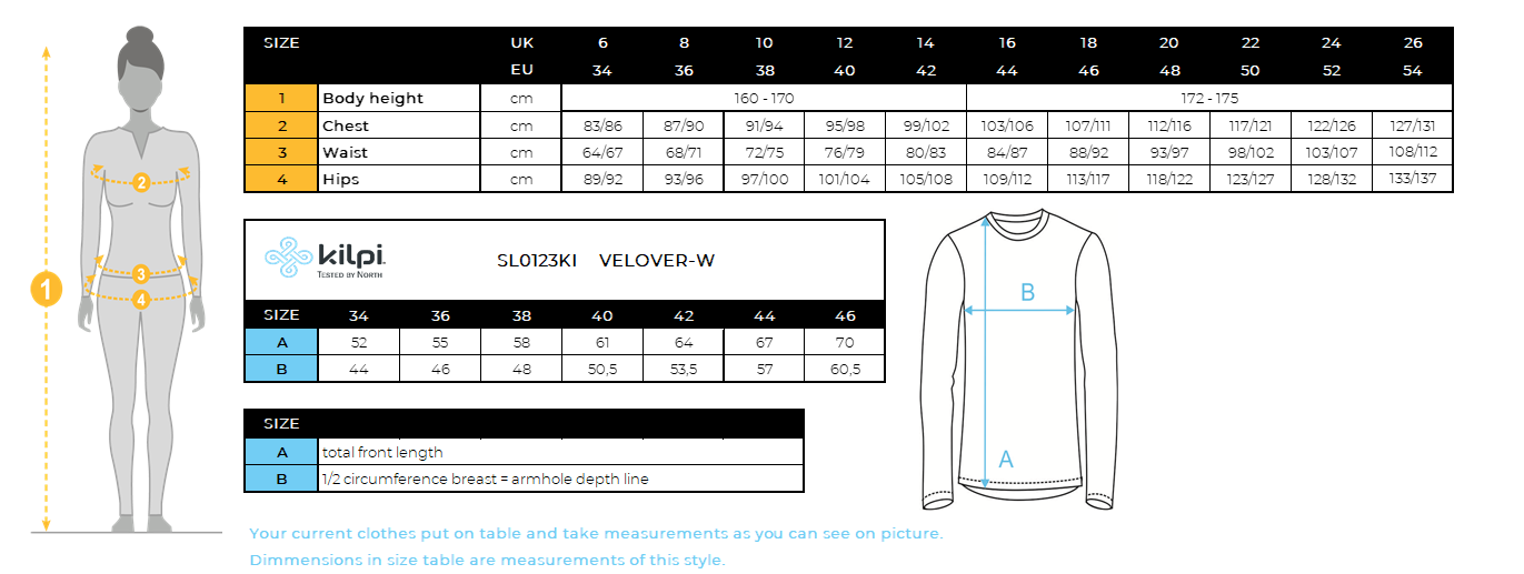 Veste de cyclisme softshell femme Kilpi VELOVER-W – Size chart