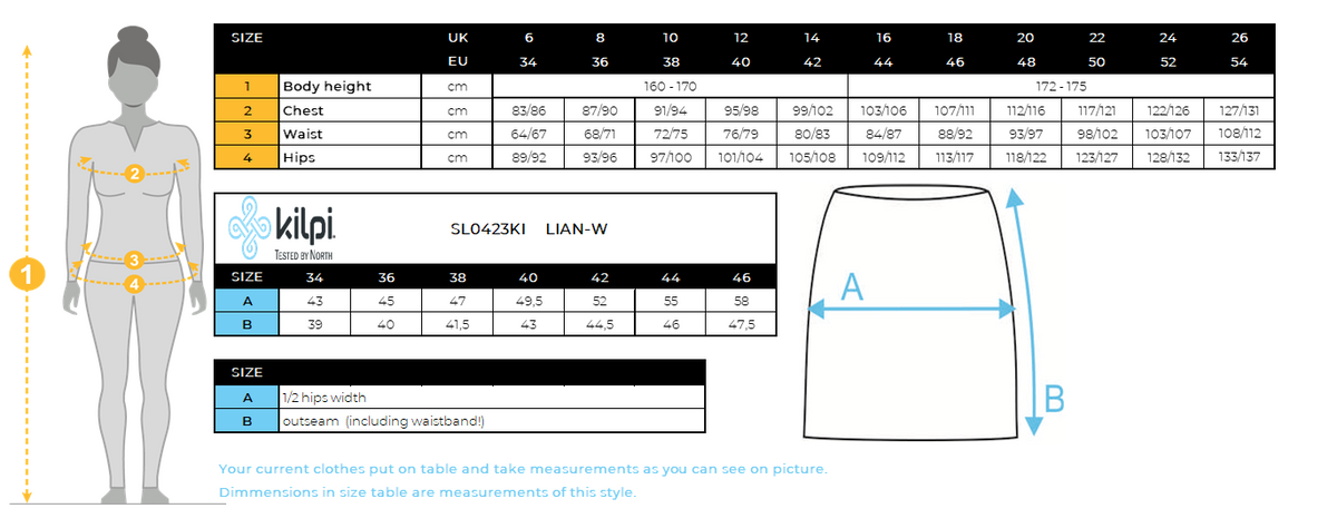 Jupe isolante femme Kilpi LIAN-W – Size chart