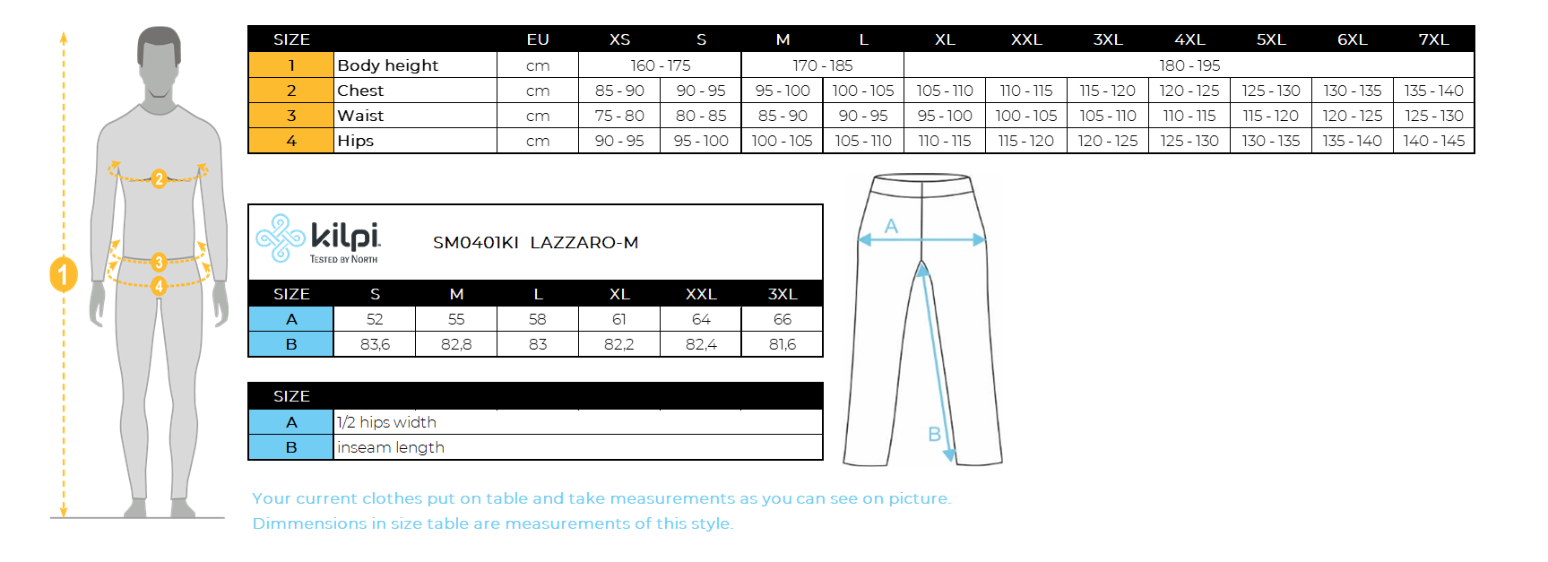 Pantalon de ski imperméable homme Kilpi LAZZARO-M – Size chart