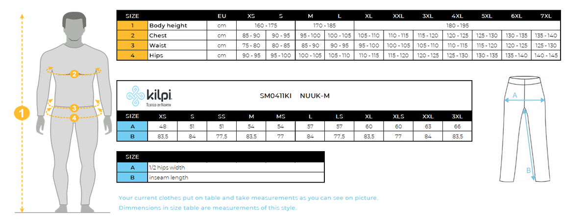 Pantalon outdoor homme Kilpi NUUK-M – Size chart