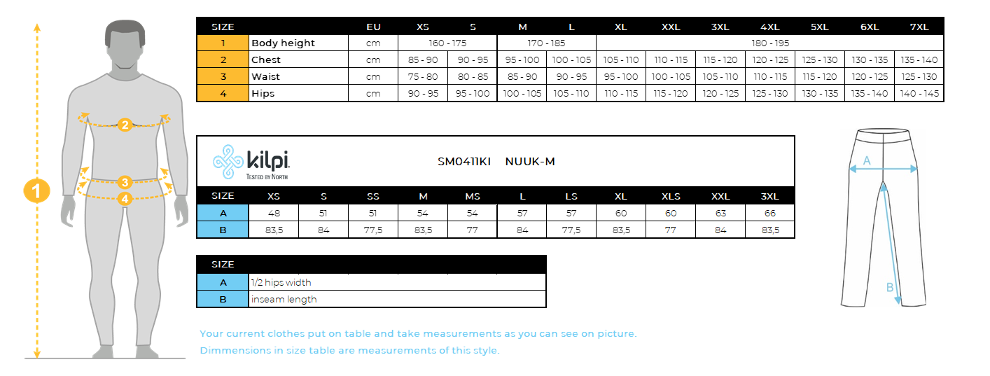 Pantalon outdoor homme Kilpi NUUK-M – Size chart